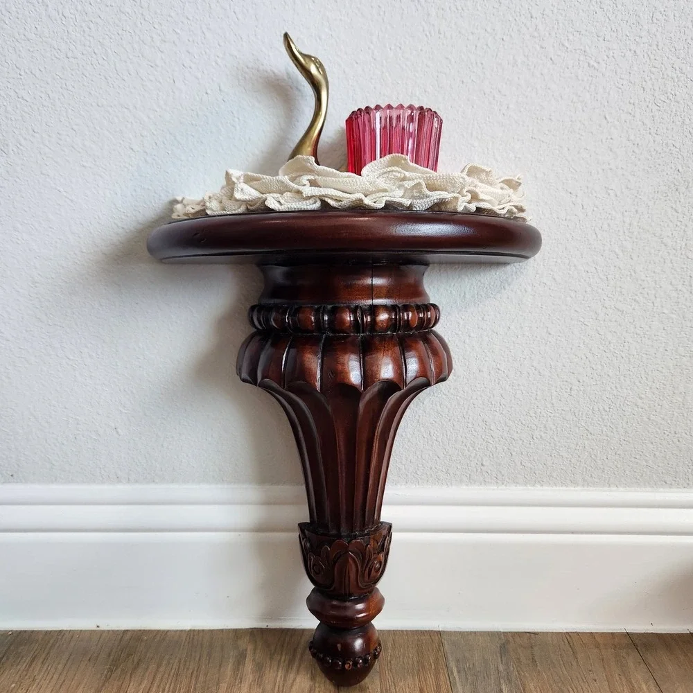 Vintage Florentine Style Dark Mahogany Solid Wood Hanging Wall Shelf Sconce